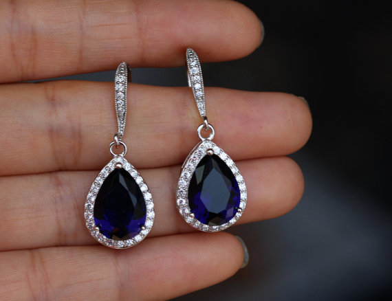 زفاف - dark sapphire blue earring , cz sapphire earring , drop wedding earring , blue bridesmaid earring