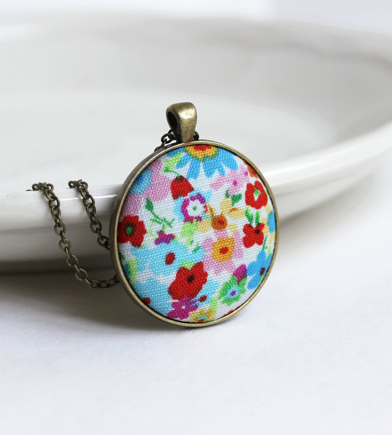 Свадьба - Colorful Jewelry, Floral Fabric Pendant Necklace, Get a Set for Boho Wedding Shower Favors, Hippie Necklace, Bohemian Jewelry for Women