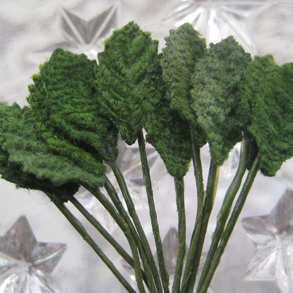 Wedding - Millinery Leaves 24 Tiny Green Velvet Fabric
