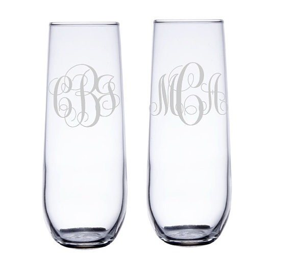 Wedding - Personalized Toasting Flutes, Monogram Champagne Glasses, Etched Stemless Champagne Glasses, Toasting Flutes, Bridesmaid Flutes