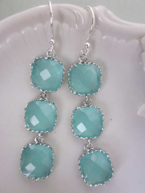 زفاف - Mint Blue Earrings Silver Aqua - Bridesmaid Earrings - Bridal Earrings - Wedding Jewelry - Valentines Day Gift - Gift under 40
