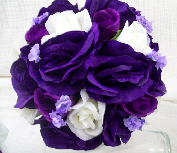 Hochzeit - Custom Order For "DEB" MaDe To ORDeR 13 pieces Brides on a Budget Flower Package WeDDiNG BouQuets PuRPLe and IVoRY RoSeS