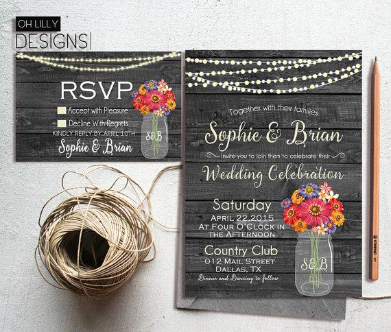 Wedding - Rustic Wedding Invitation, Mason Jar Wedding Invitations, Rustic Wedding Invitation Suite, Digital File