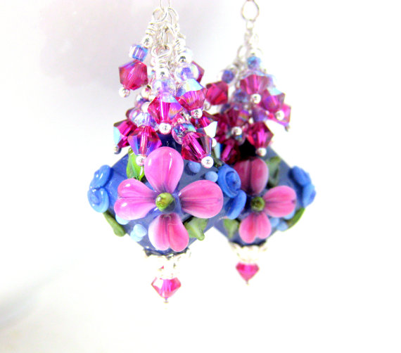 Hochzeit - Purple Pink Floral Dangle Earrings, Crystal Earrings, Cottage Chic Earrings, Lampwork Earrings Flower Jewelry Glass Earrings Bridal Earrings