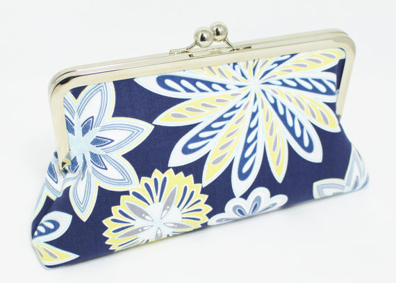 Свадьба - Navy, Yellow, Grey Floral Clutch - Wedding Clutch - Bridesmaid Clutch - Mother's Day
