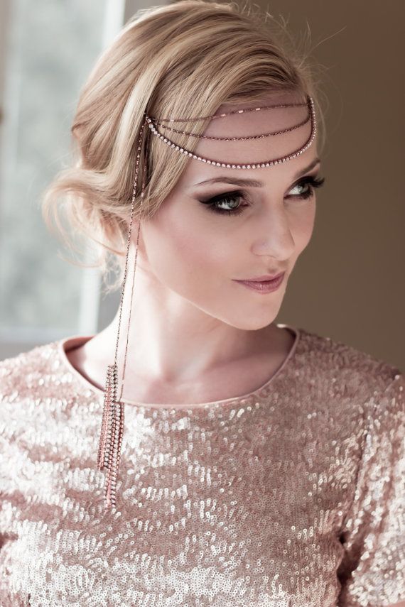 زفاف - Art Deco Bridal Demi Headwrap With Rose Gold Rhinestones (shown) And Dangling Tassels, Front Halo 1940s Chain Headband, Style: Lois #1414