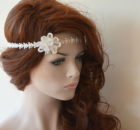 Wedding - Rustic Lace Wedding Headband, Flower and Lace Headband, Ivory Lace, Bridal Hair Accessory, Rustic Wedding Hair Accessory