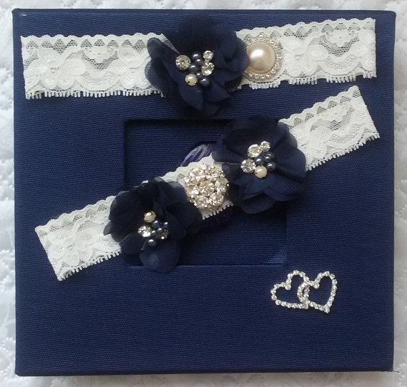 Свадьба - Wedding leg garter, Wedding accessoaries, Bridal accessoary, Dark blue wedding garter, Chiffon Flower Rhinestone Lace Garters