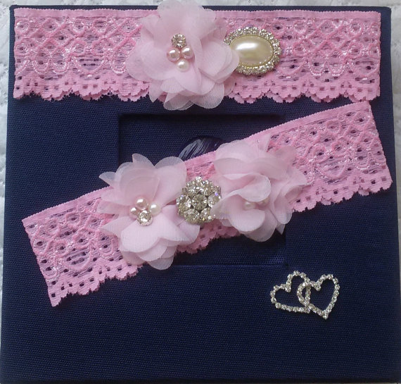Hochzeit - Wedding leg garter, Wedding accessoaries, Bridal accessoary, Pink wedding garter, Chiffon Flower Rhinestone Lace Garters