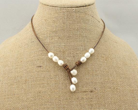 Hochzeit - ETS-S181 freshwater pearl necklace,leather pearl necklace, pearl leather necklace, pearl and leather necklace, leather and pearl necklace