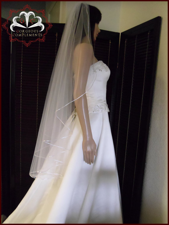 Hochzeit - Wedding Veil Cascade Fingertip Satin Rattail Cord Edge C4590RE