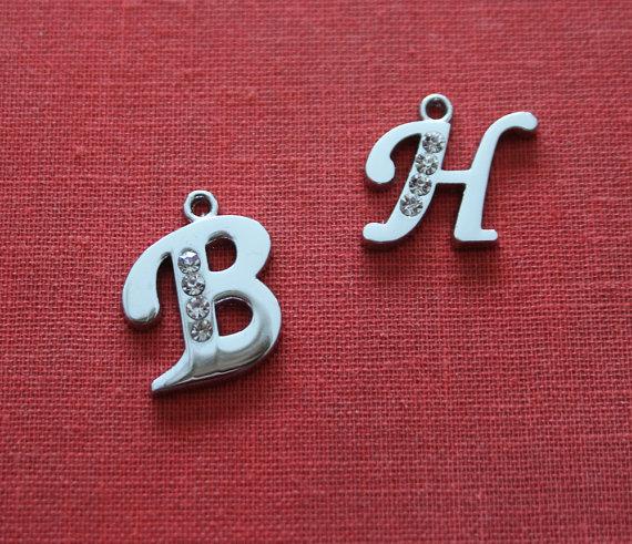 Hochzeit - 1 Rhinestone Initial Charm alphabet letter Monogram Pendant  for wedding bouquets - Antique Silver for necklaces, bracelets