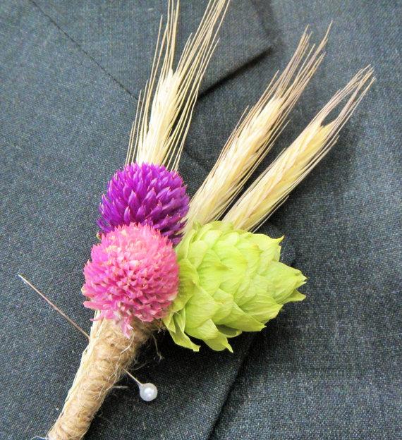 Wedding - Hops Wedding Boutonniere, Hops Rye and Fuschia Boutonniere, Beer Flower Boutonniere,  Beer Wedding Flowers, Hops Corsage, Green Hops Flower