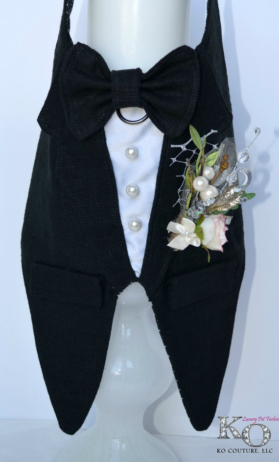 زفاف - Wedding, Black Dog Tuxedo Linen Boy Dog Harness, Rustic