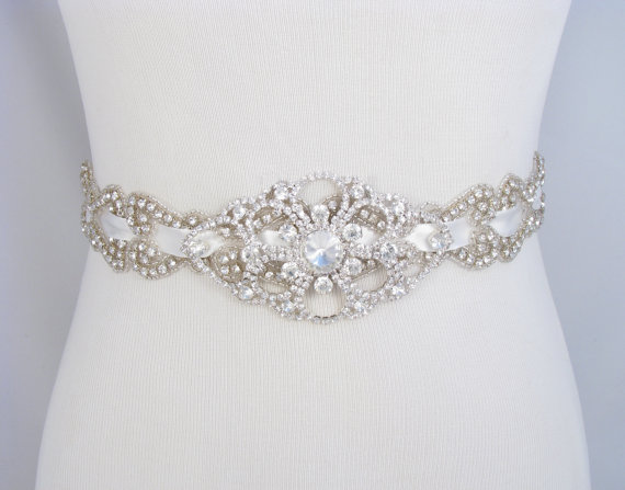 Свадьба - Wedding Dress Sash, Satin Ribbon Bridal Belt, Jeweled Beaded Sash, Crystal Rhinestone Sash Belt, 35 Colors / Champagne / Teal / Mint  / Navy