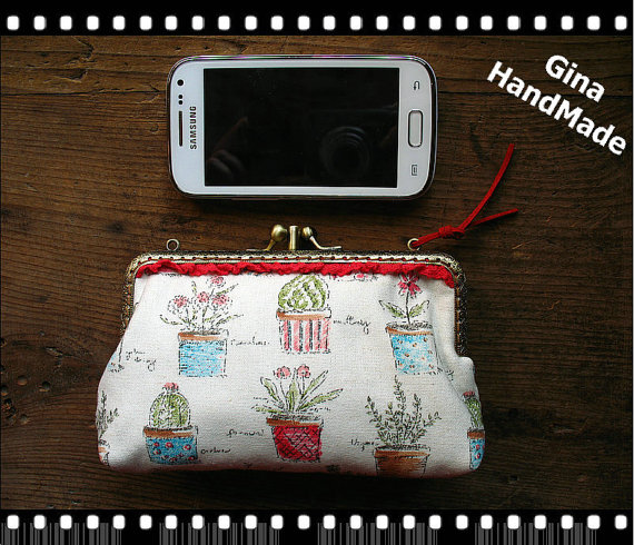 زفاف - Potted green iphone case two compartment / Coin purse / Wallet / Pouch / wedding clutch / kiss lock frame purse bag-GinaHandmade