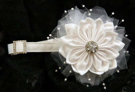 Wedding - Wedding dog collar in white with removable flower and rhinestone slider XXS-M