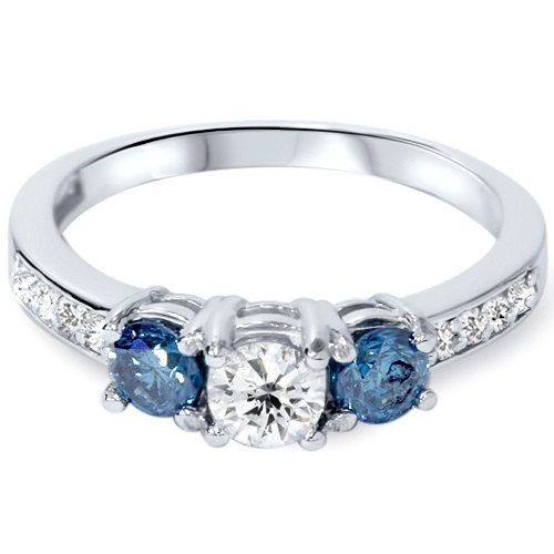 Wedding - 1.00CT Blue & White Diamond 3-Stone Engagement Ring 14 Karat White Gold Size 4-9