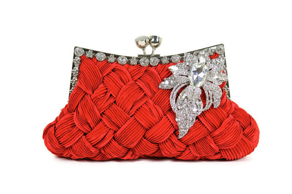 Hochzeit - Red Bridal Clutch, Wedding Clutch, Vintage Style Bridal Clutch, Evening Bag with Large Crystal Vintage Style Brooch
