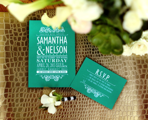 Свадьба - Vintage wedding Invitation, Emerald Green,  RSVP - Thank you card - label - DIY Printable - Customized cottage chic