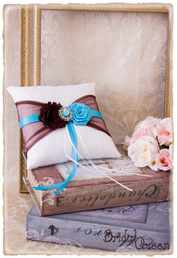 Wedding - Brown and Turquoise Ring Bearer Pillow, Wedding Ring Bearer Pillow, Ring Bearer Pillow, Wedding Accessories, Wedding Ring Pillow