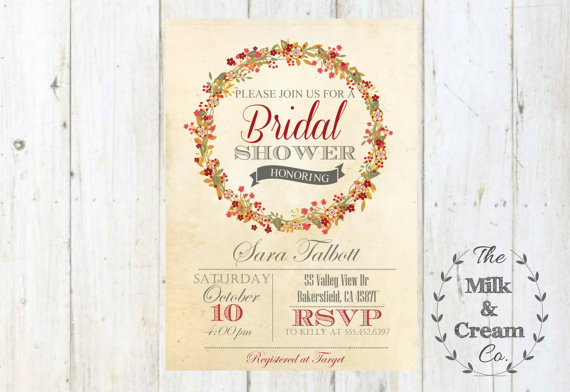 Свадьба - Rustic Fall Wreath Bridal Shower Invite, Invitation with Flowers, Simple Casual, Printed Invite, Rustic Autumn Wedding