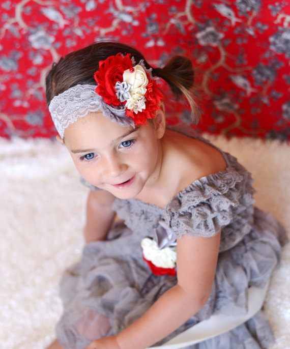 Wedding - red ivory grey lace dress sash headband SET,Toddler,baby dress,Flower girl dress,First/1st Birthday Dress,Vintage style,girls photo outfit