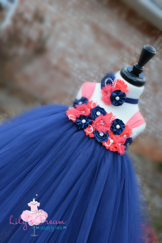 Wedding - 5%OFF navy and coral dress, navy and coral flower girl dress, navy and coral tutu dress, coral and navy flower girl dress
