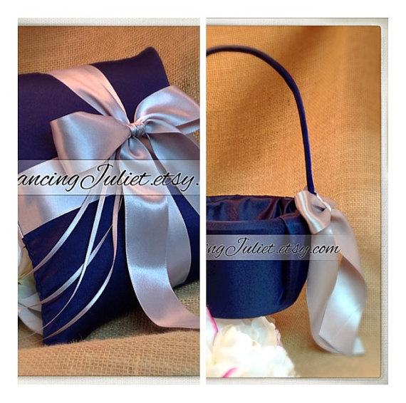 Свадьба - Custom Colors Flower Girl Basket and Romantic Satin Ring Bearer Pillow Combo...You Choose The Colors..shown in navy blue/silver gray