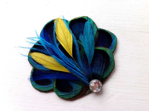 Mariage - BRANDY II Blue, Turquoise, and Yellow Peacock Hair Fascinator, Clip, Couture Wedding