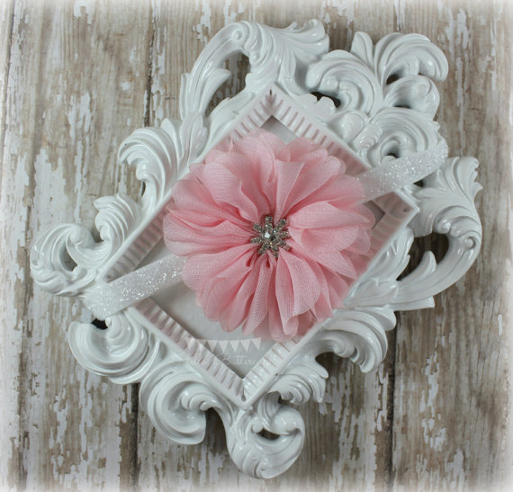 زفاف - Pink ruffled flower white glitter headband -  Rhinestone headband - Baby headband - Shabby chic newborn headband