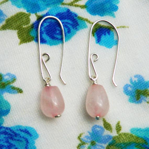 Mariage - Roze quartz earrings, Serling silver earrings, pink earrings, wire wrapped earrings, quartz earrings, delicate earrings, bridesmaid earrings