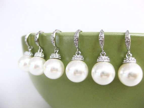 Hochzeit - Swarovski 8mm or 10mm Round Pearl Earrings Pearl Drop Earrings Bridal Pearl Earrings Bridesmaid Gift Wedding Jewelry Gift (E030)