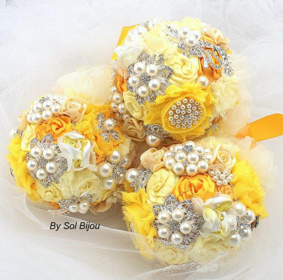 Wedding - Brooch Bouquets, Bridesmaids, Maid of Honor, Wedding, Bridal, Jeweled, Yellow, Silver, Pewter, Gray, Pearls, Brooches, Crystals