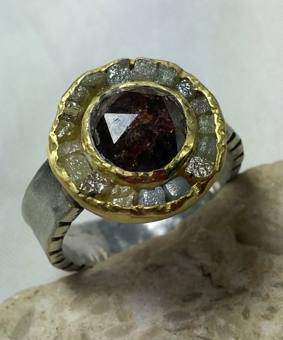 Wedding - raw diamond ring, engagement ring, gemstone ring,cocktail ring, rose cut diamond  22 kt gold ring, silver gold and diamond ring