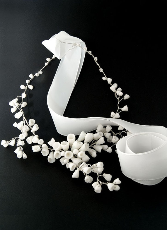Wedding - Bridal white porcelain bouquet of flowers and sterling silver necklace, necklace for wedding day