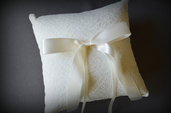 Wedding - Ivory lace wedding ring pillow with ivory satin ribbon bow