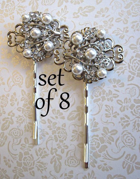 زفاف - Set of 8,  Bridesmaid Hair Pins, Bridesmaid Bobby Pin, Pearl hair clips, Bridesmaids gifts, Ivory Pearl hair pin, Silver Hair Pin
