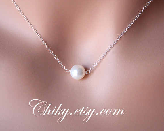 Свадьба - Elegant simple Single Pearl Necklace - STERLING SILVER , wedding Pearl jewelry, Bridal Necklace, bridesmaids gift , Color of Pearl to choose