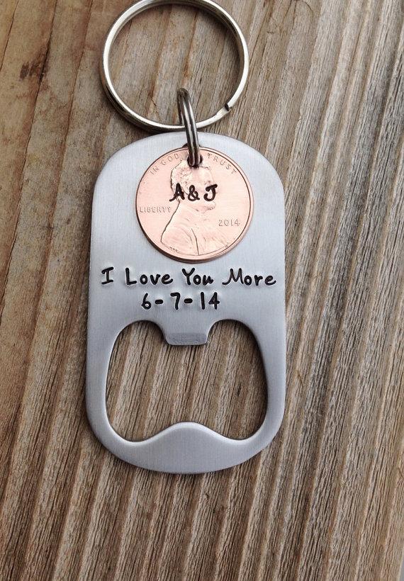Hochzeit - Custom bottle opener hand stamped anniversary wedding lucky penny gift I love you more  jewelry