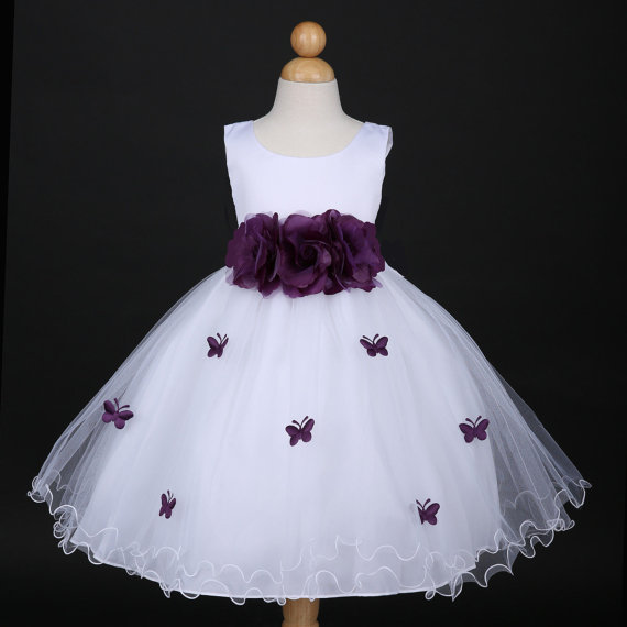 Wedding - White with plum butterfly petal baby Infant easter party wedding flower girl dress 6M 12m 18m 2 4 6 8 10 F14WH