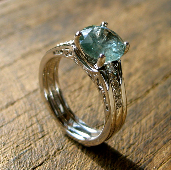 زفاف - Sky Blue Montana Sapphire Engagement Ring with Diamonds and Custom Built Wedding Band Wrap Jacket with Scrolls in 14K White Gold Size 8