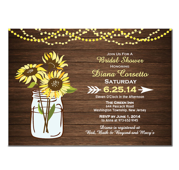 Свадьба - Wood Sunflower Bridal Shower Invitation DIY PRINTABLE Digital File or Print (extra) Bridal Shower Invitation Printable Wedding Shower Yellow
