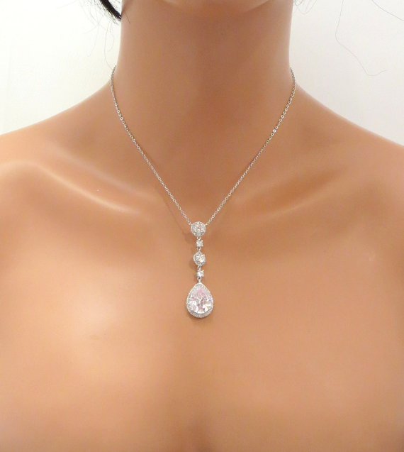 زفاف - Teardrop Bridal necklace, Wedding necklace, Cubic zirconia necklace, Delicate bridal necklace, Bridesmaid jewelry
