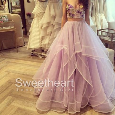 زفاف - 2 Pieces Ruffled Embroidery Tulle Long Prom Dresses, Formal Dress from Sweetheart Girl