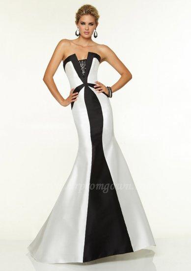 Wedding - Floor Length White and Black Mori Lee 97140 Satin Prom Dresses