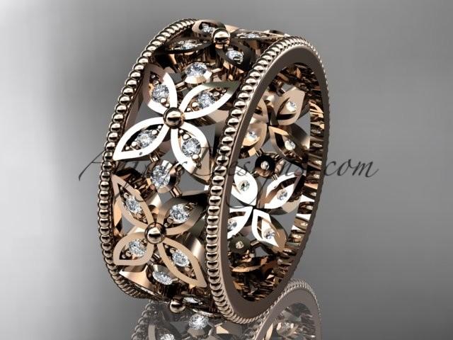 Hochzeit - 14k rose gold diamond leaf and vine wedding band,engagement ring ADLR10B