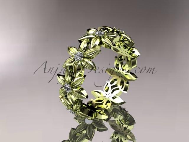 Wedding - 14kt yellow gold diamond leaf and vine wedding ring, engagement ring, wedding band adlr18
