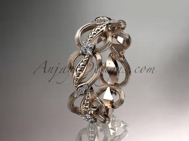 Wedding - 14kt rose gold diamond leaf and vine wedding ring, engagement ring, wedding band ADLR52
