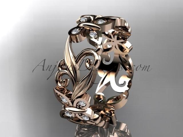 Mariage - 14kt rose gold diamond leaf and vine butterfly wedding ring, engagement ring, wedding band ADLR144